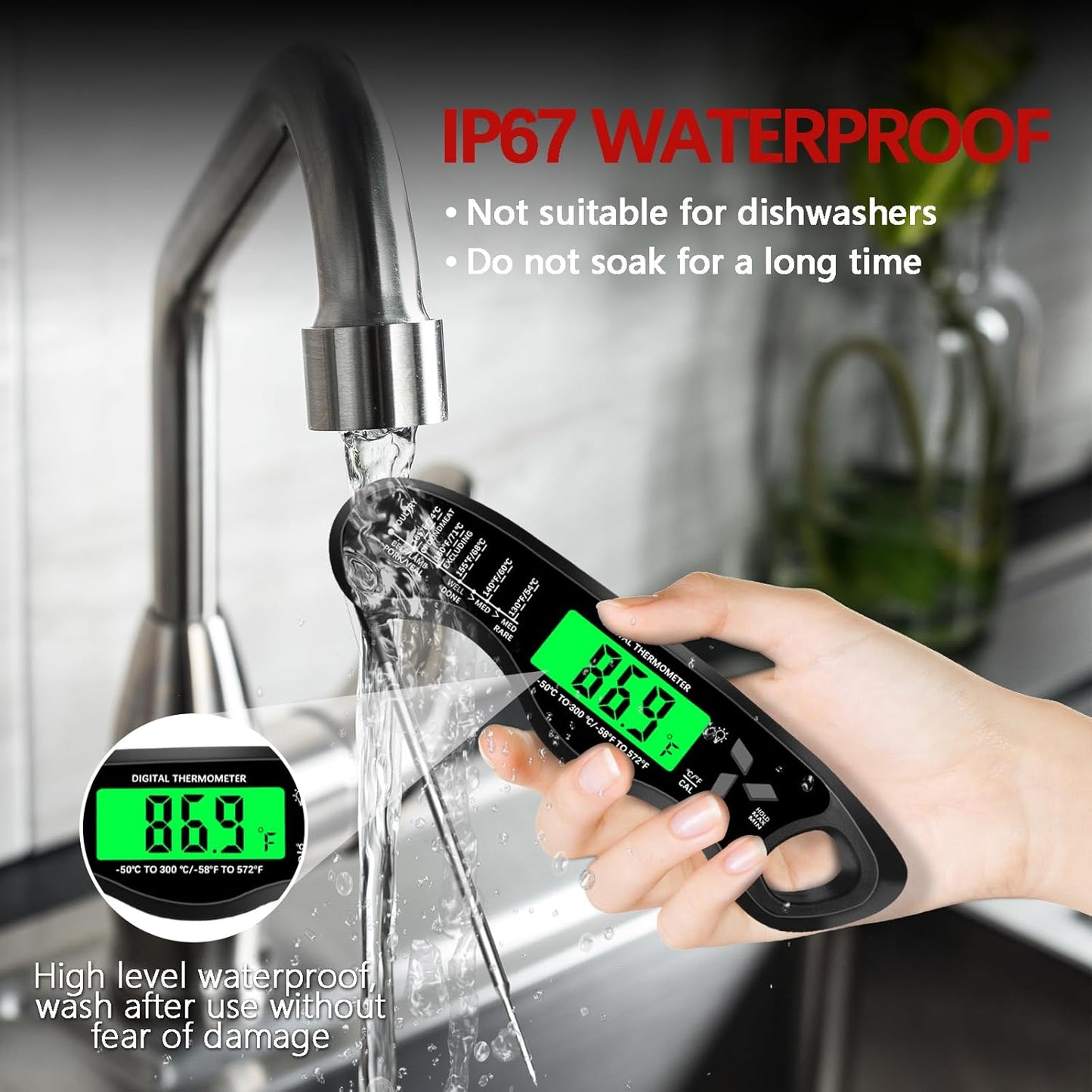 Meat Thermometer Digital,IP67 Waterproof Cooking Thermometer with Backlight, Calibration & Hold Function