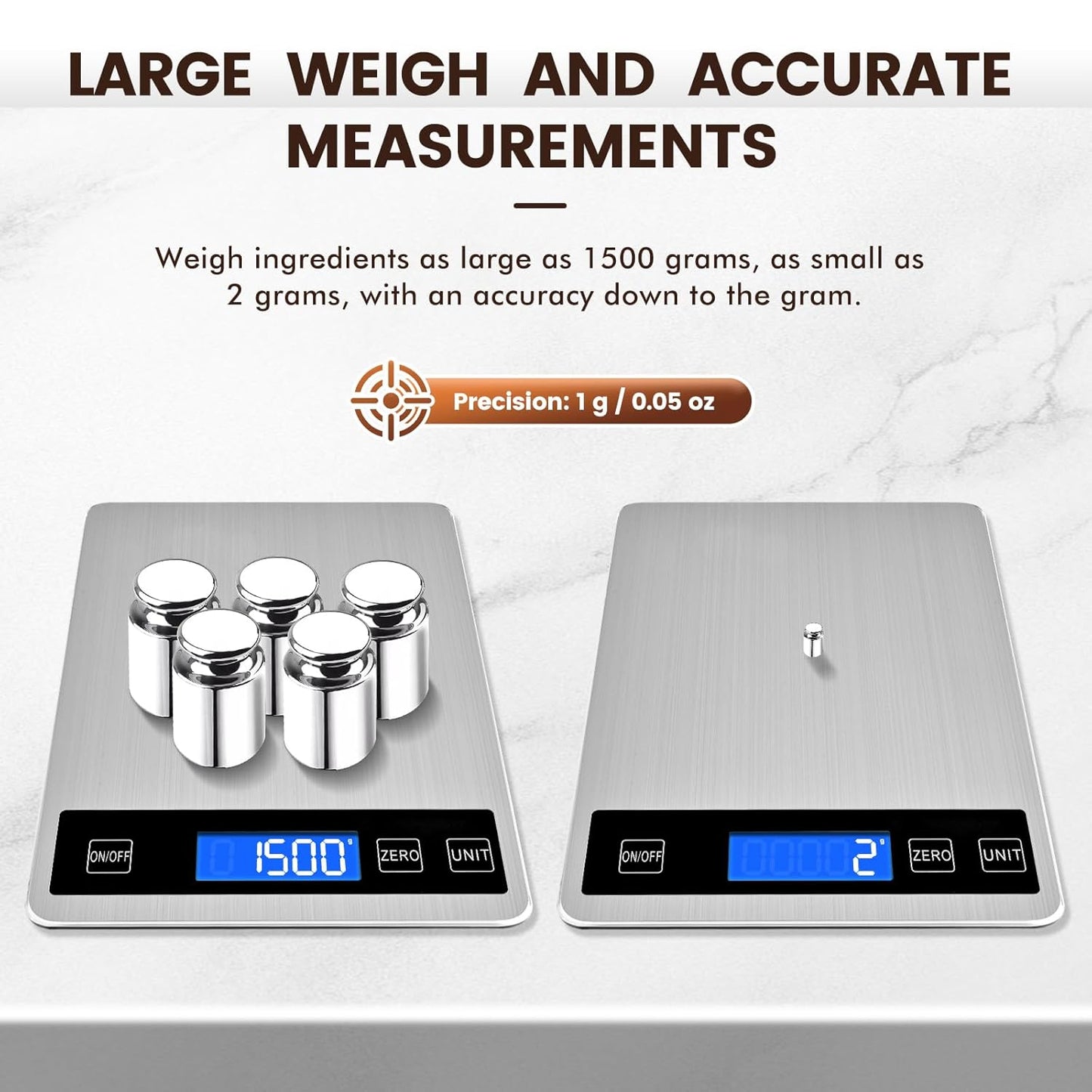 33lb Food Scale, Digital Kitchen Scale Batteries and USB Charging,1g/0.05oz Precise Graduation, Waterproof Stainless Steel