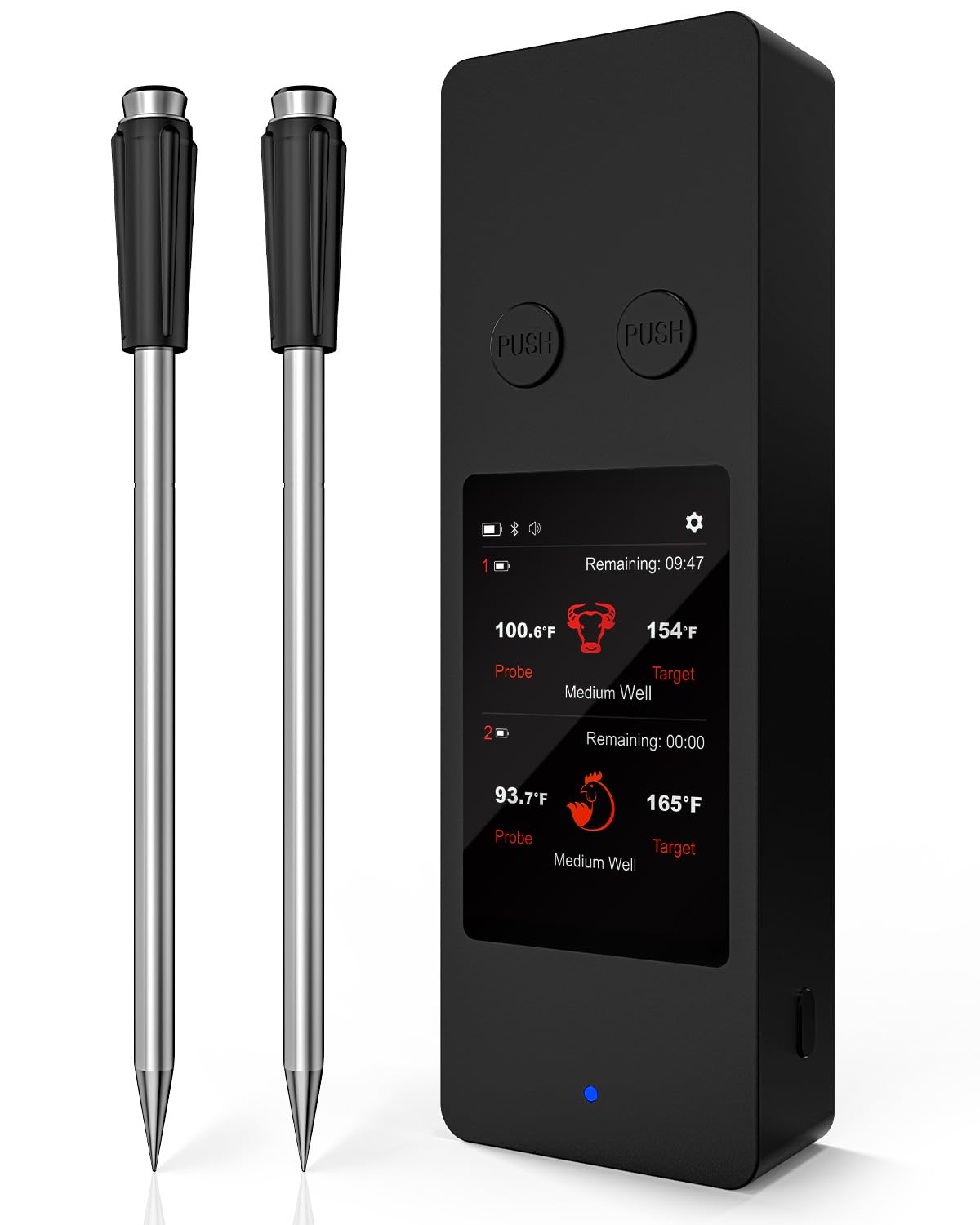 Bluetooth Wireless Meat Thermometer with App, Touch Screen, Audible Alarm, 2 Probes, 800ft Range & Rechargeable Base