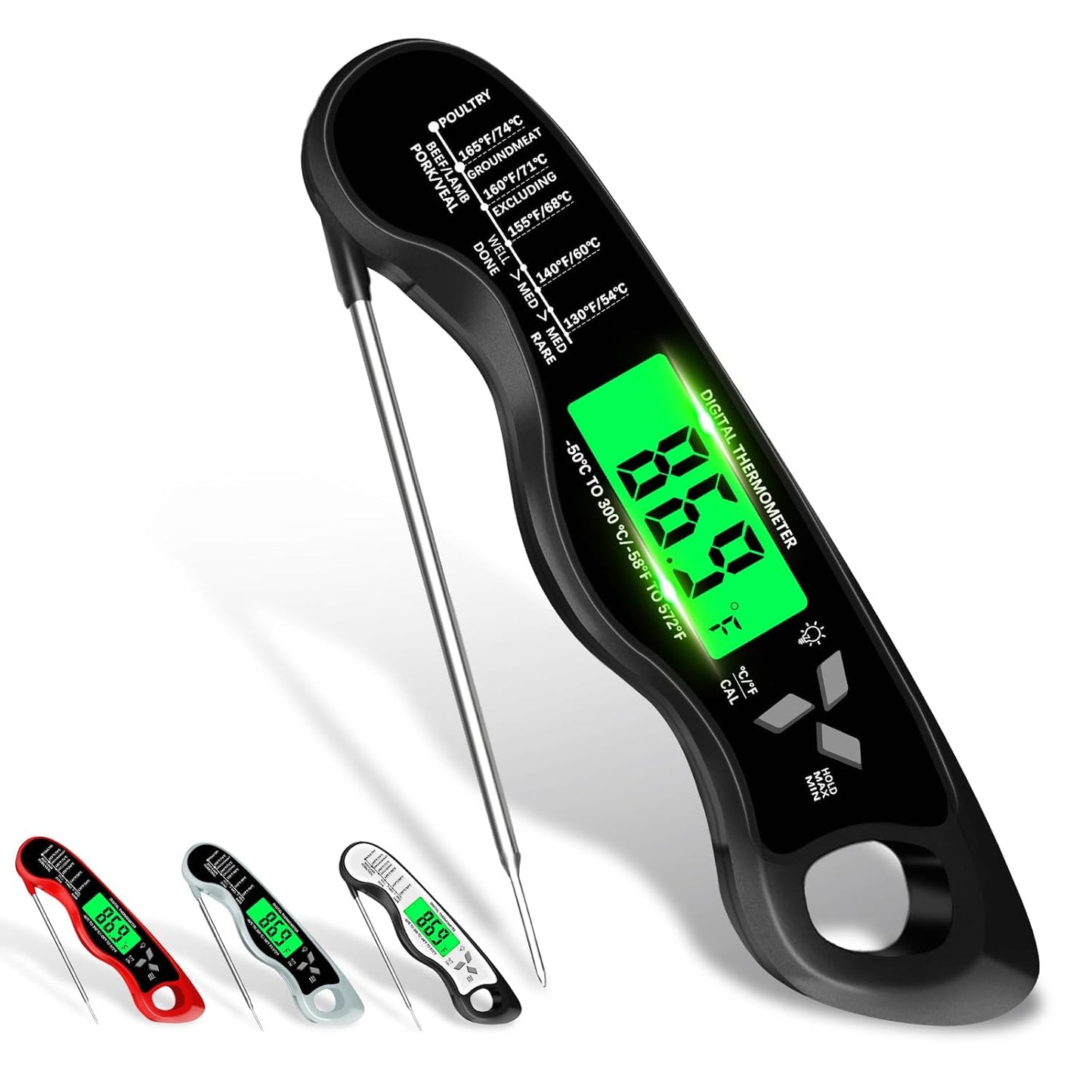 Meat Thermometer Digital，IP67 Waterproof Cooking Thermometer with Backlight, Calibration & Hold Function