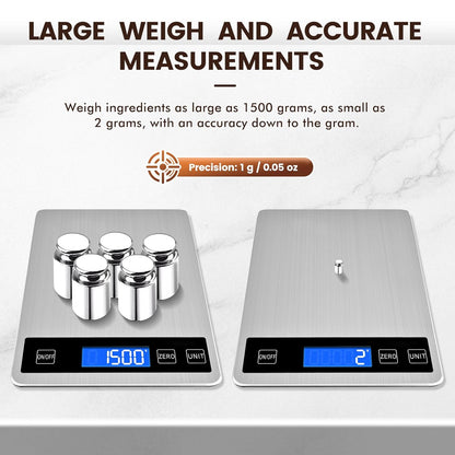 33lb Food Scale, Digital Kitchen Scale Batteries and USB Charging,1g/0.05oz Precise Graduation, Waterproof Stainless Steel