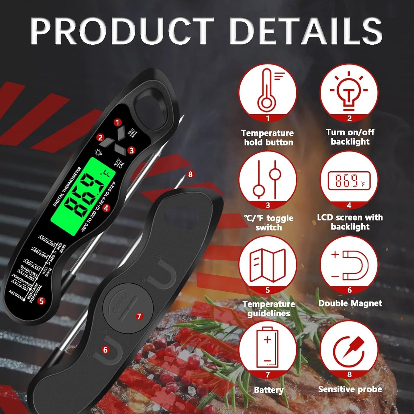Meat Thermometer Digital，IP67 Waterproof Cooking Thermometer with Backlight, Calibration & Hold Function