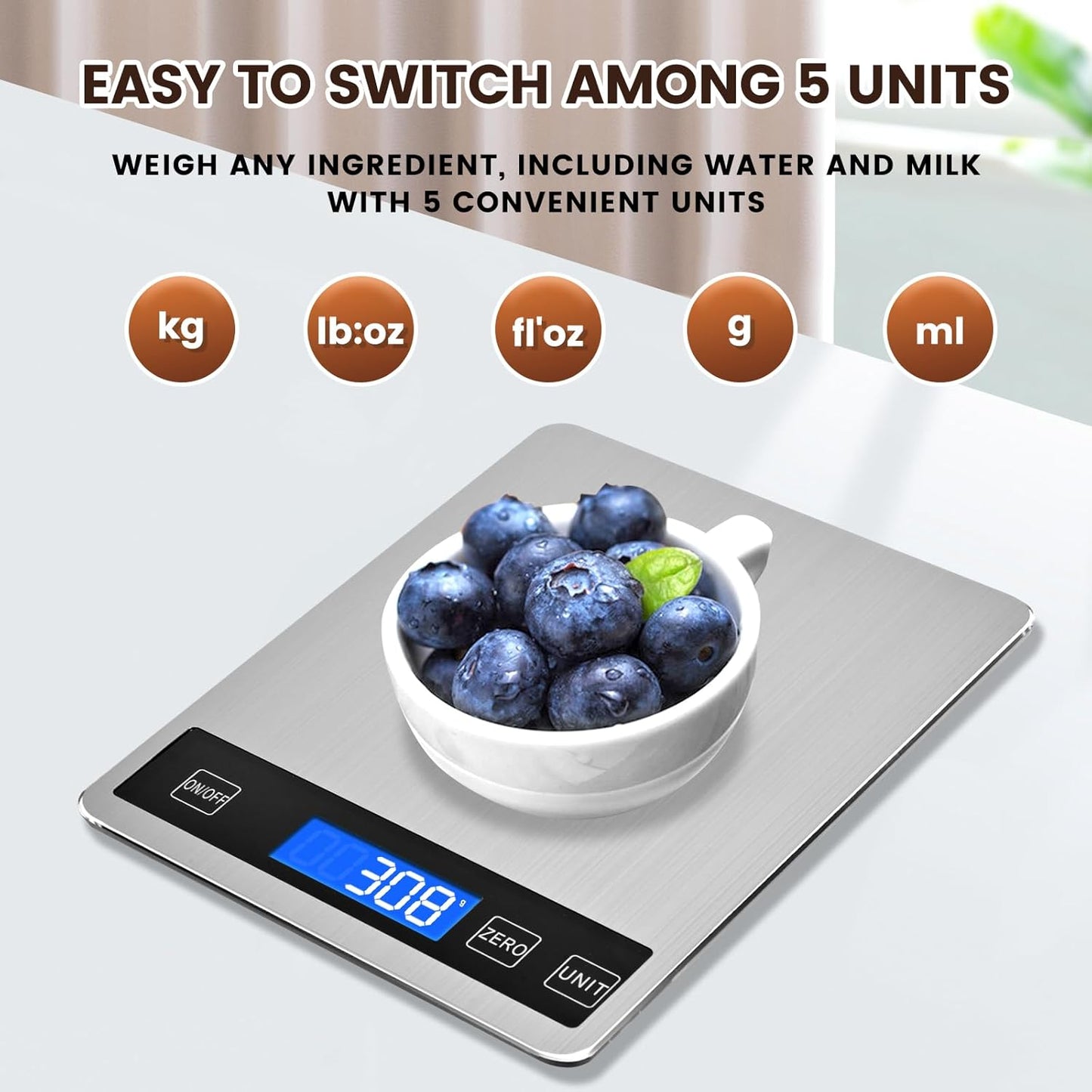 33lb Food Scale, Digital Kitchen Scale Batteries and USB Charging,1g/0.05oz Precise Graduation, Waterproof Stainless Steel