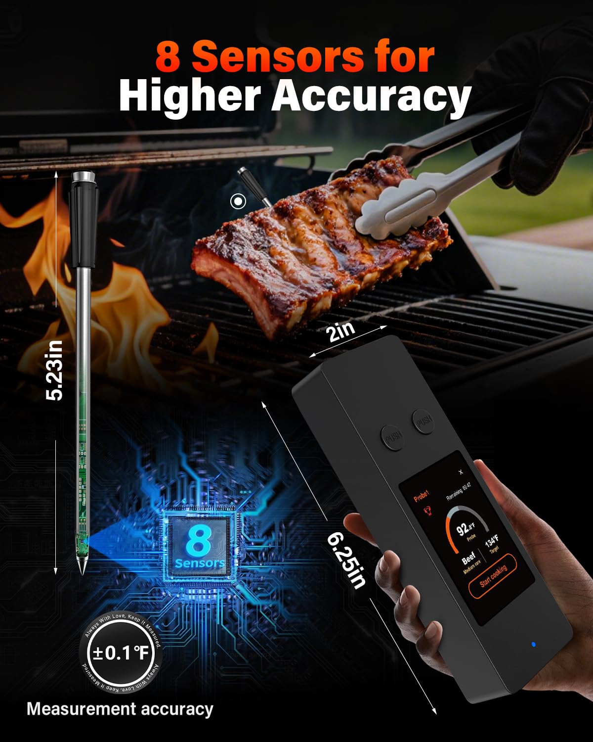 Bluetooth Wireless Meat Thermometer with App, Touch Screen, Audible Alarm, 2 Probes, 800ft Range & Rechargeable Base