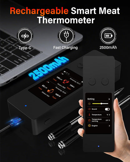 Bluetooth Wireless Meat Thermometer with App, Touch Screen, Audible Alarm, 2 Probes, 800ft Range & Rechargeable Base
