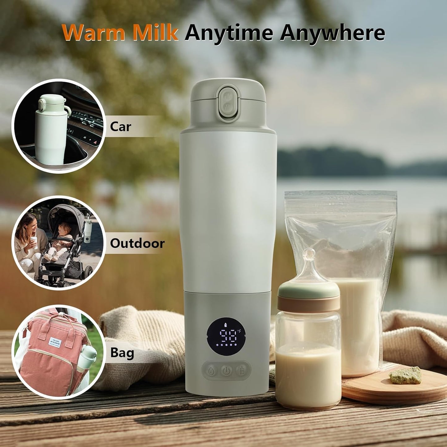 Portable Bottle Warmer for Travel – 15oz 316 Stainless Steel, 16000mAh Battery, Fast Heating & Precise Temp Control, Car Cup Fit, Long Battery Life