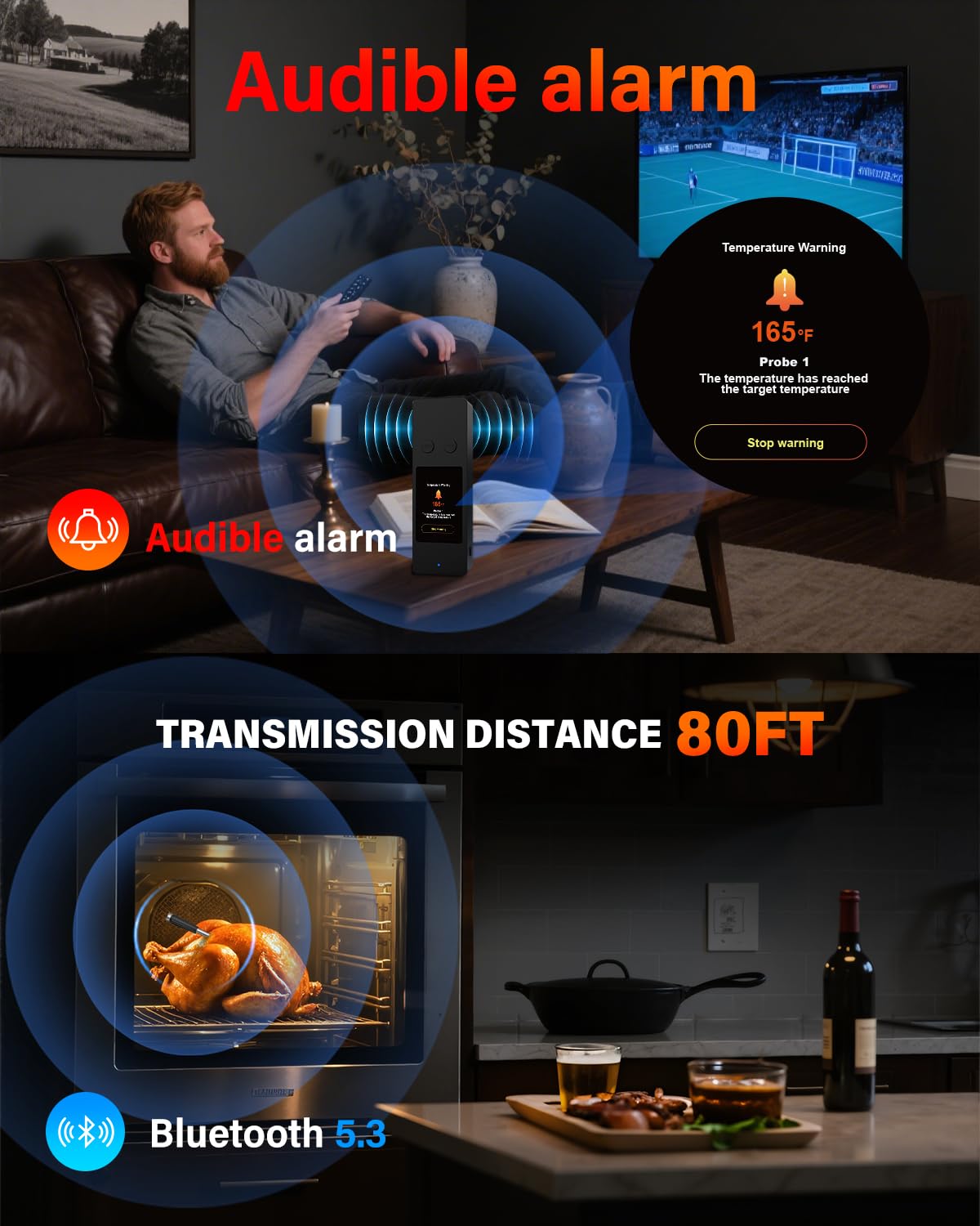 Bluetooth Wireless Meat Thermometer with App, Touch Screen, Audible Alarm, 2 Probes, 800ft Range & Rechargeable Base