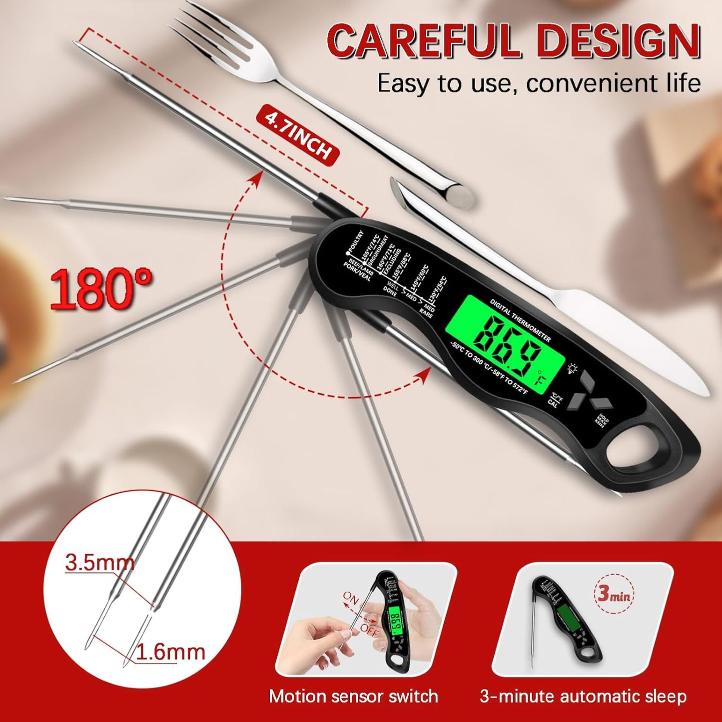 Meat Thermometer Digital，IP67 Waterproof Cooking Thermometer with Backlight, Calibration & Hold Function