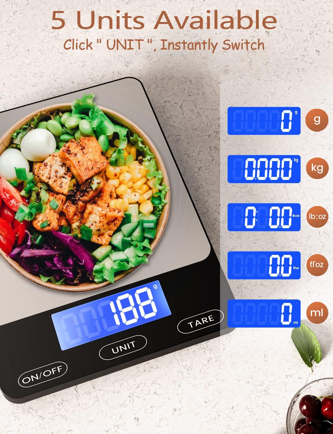 Food Scale -33lb Digital Kitchen Scale for Food Ounces Grams Rechargeable 304 Stainless Steel,Batteries and Type-C Charging