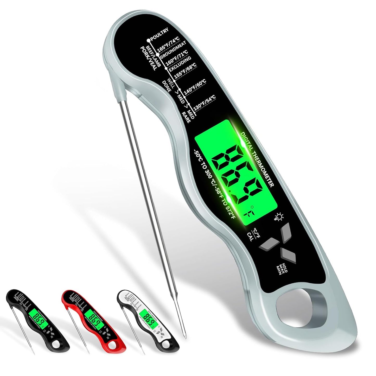 Meat Thermometer Digital，IP67 Waterproof Cooking Thermometer with Backlight, Calibration & Hold Function