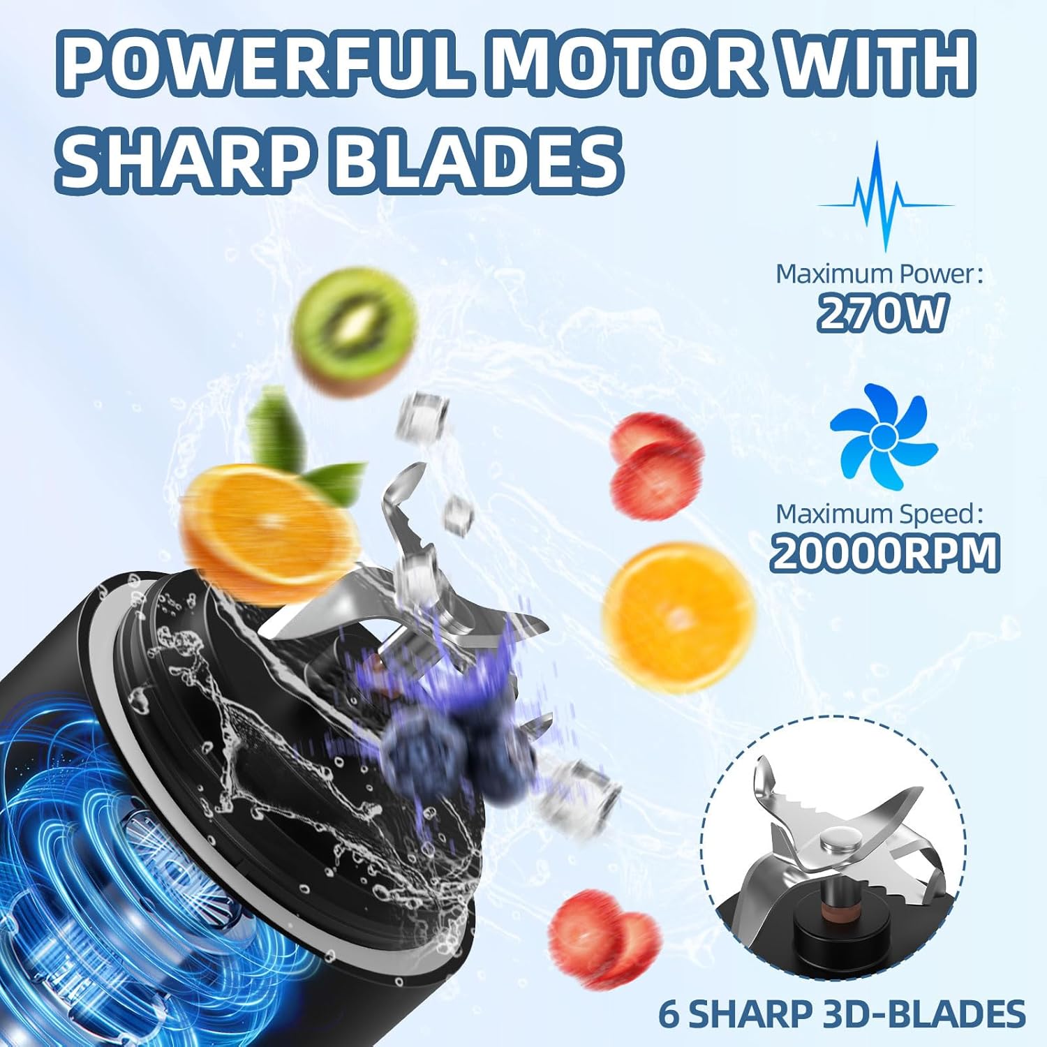 Portable Blender 20oz Vessel, Cordless Personal Size Blender for Shakes and Smoothies with 6 Blade Small Blender