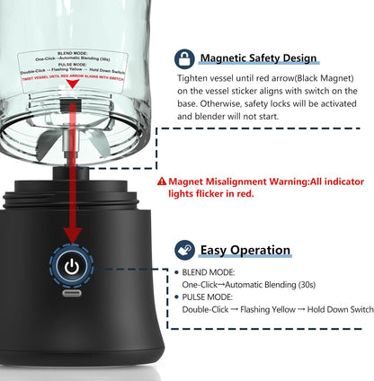 Portable Blender 20oz Vessel, Cordless Personal Size Blender for Shakes and Smoothies with 6 Blade Small Blender