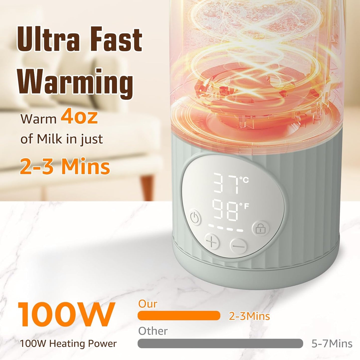 Portable Bottle Warmer for Breast Milk,Formula or Water 13oz Large Capacity,100W Power Fast Warming & Precise Temp Control