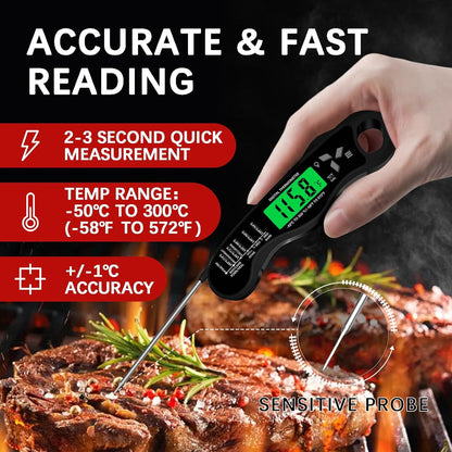 Meat Thermometer Digital，IP67 Waterproof Cooking Thermometer with Backlight, Calibration & Hold Function
