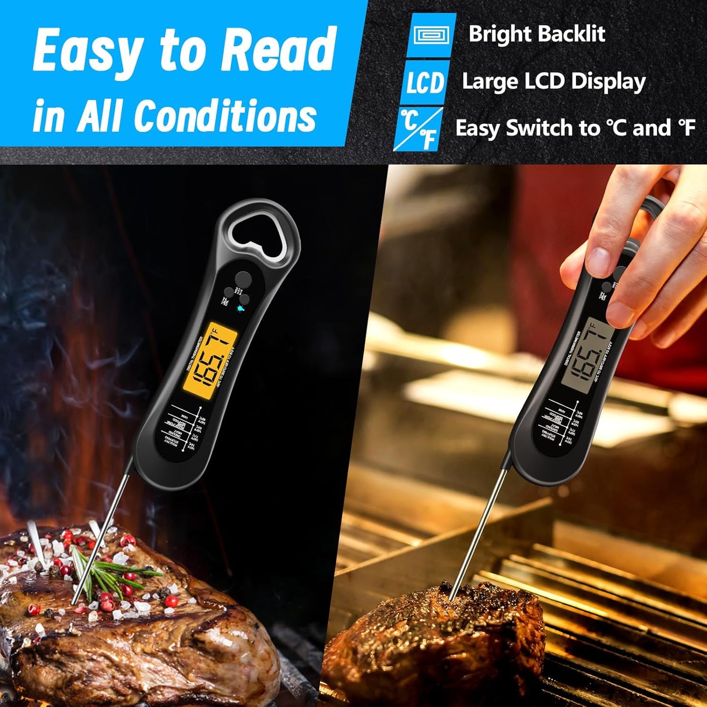 Digital Meat Thermometer for Cooking, Biison Wireless Instant Read Meat Thermometer Waterproof, Backlight