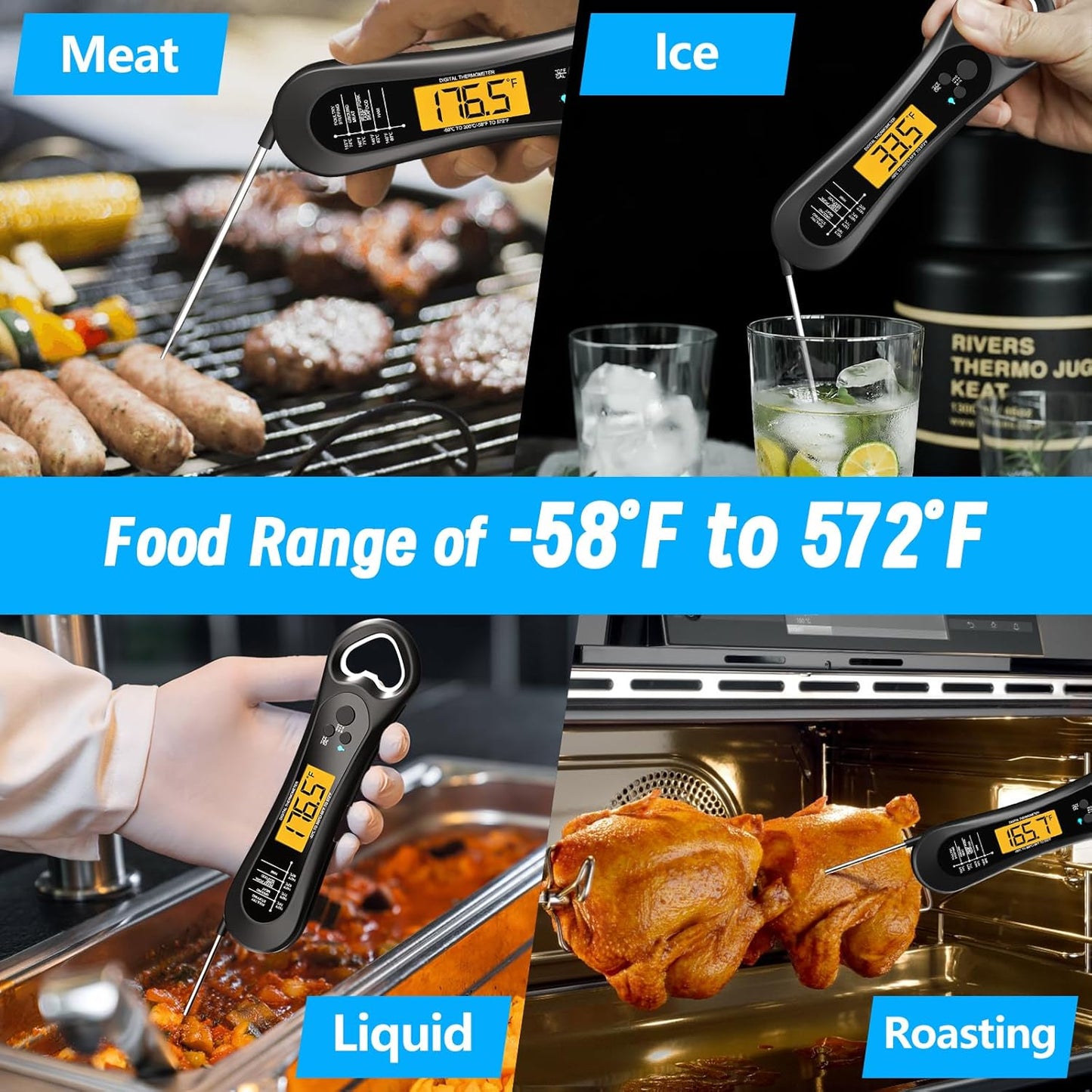 Digital Meat Thermometer for Cooking, Biison Wireless Instant Read Meat Thermometer Waterproof, Backlight