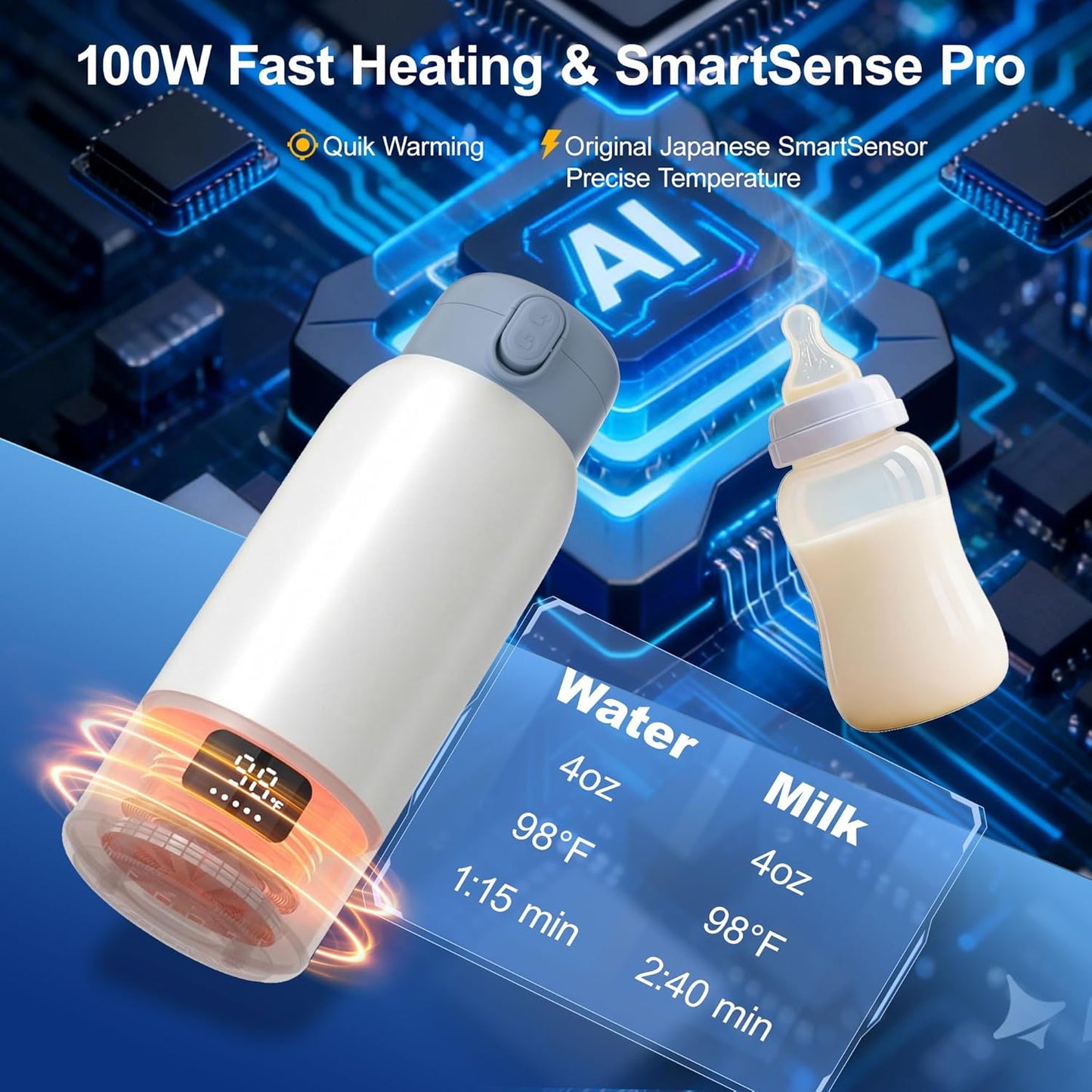 Portable Bottle Warmer for Travel, 45W Quick Charge, 100W Fast Heating Baby Bottle Warmer with 17oz Large Capacity Portable Milk Warmer, 10400mAh