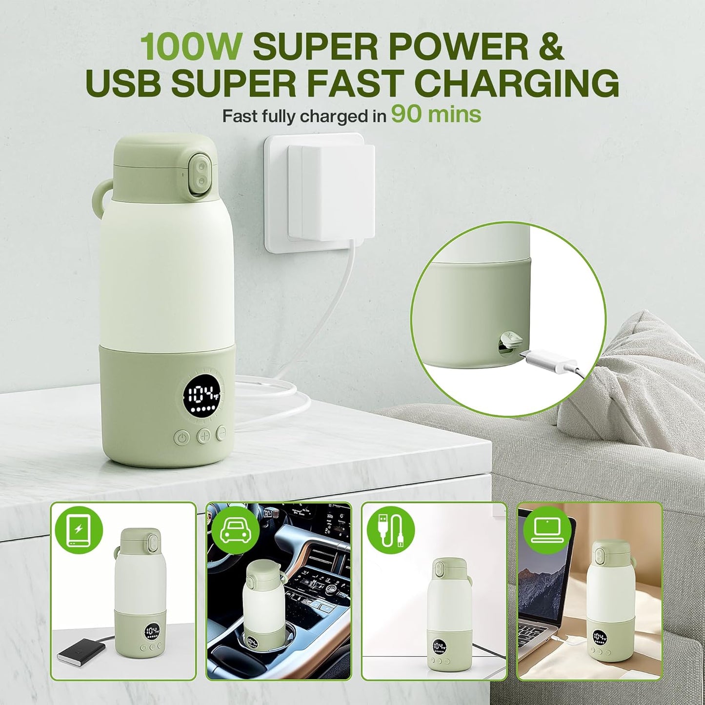 Portable Bottle Warmer for Travel, 2-Min Fast Heating Baby Bottle Warmer,12.8oz Formula Container to Go for Breastmilk