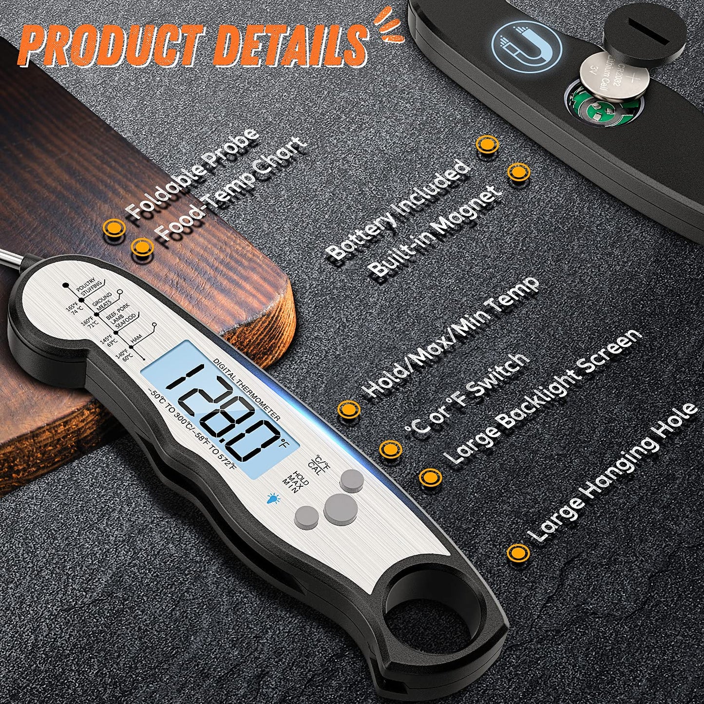 Digital Meat Thermometer, Waterproof Instant Read Food Thermometer